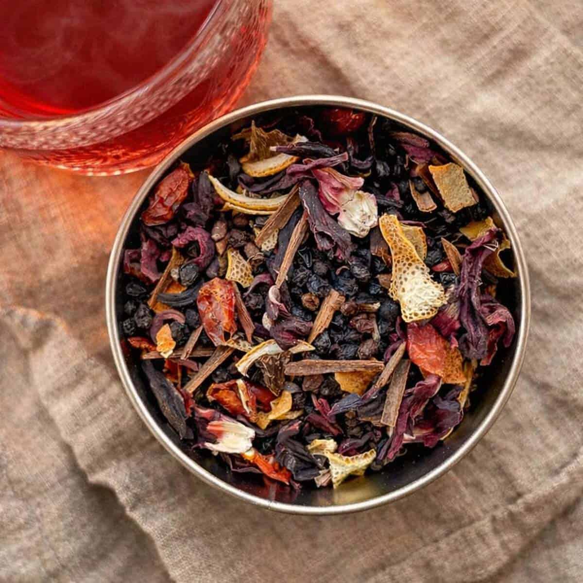 elderberry tea blend with tea next to it