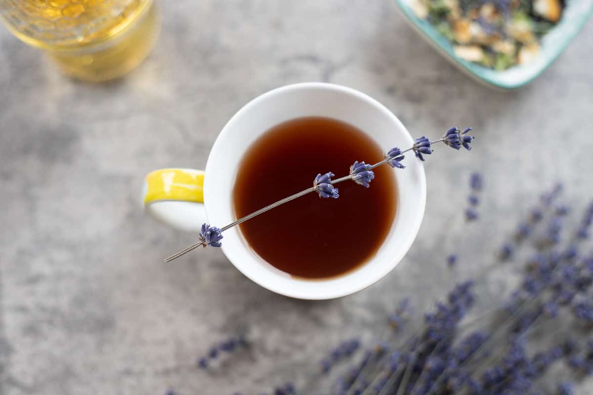 lavender tea in a cup with a sprig of lavender over it and more lavender, honey, and tea blend in the background.