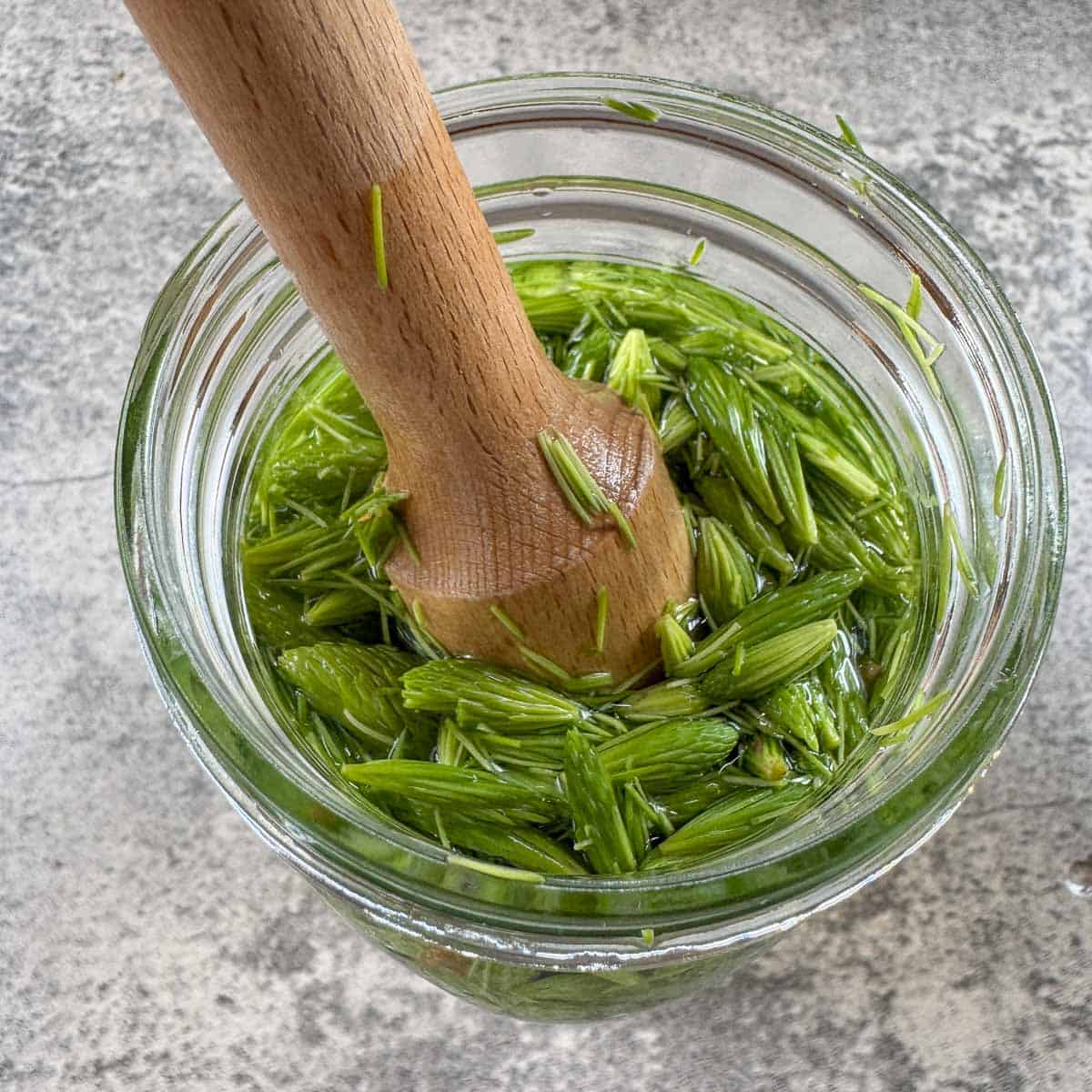 pine needle soda ingredients being muddled in a jar.