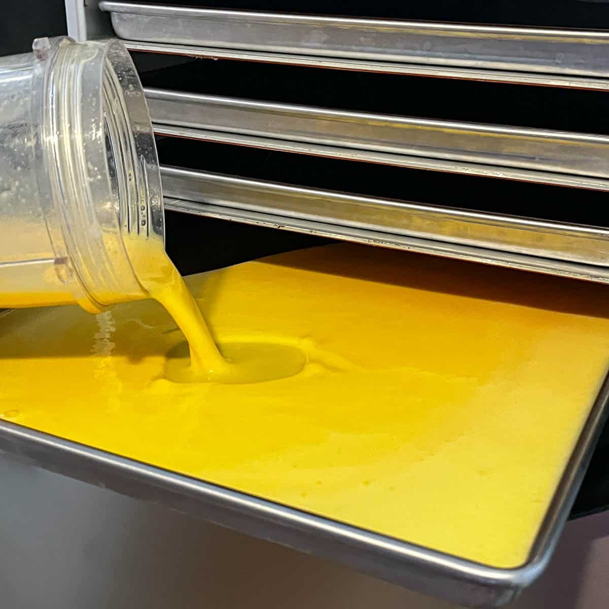 blended eggs being poured into freeze dryer trays. 