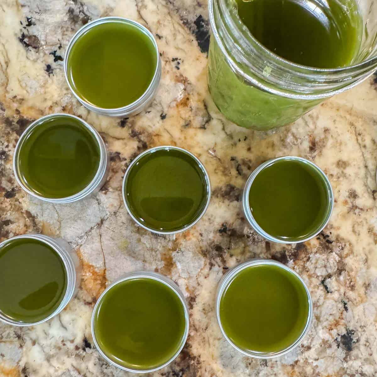 tins with comfrey salve with more in a mason jar.