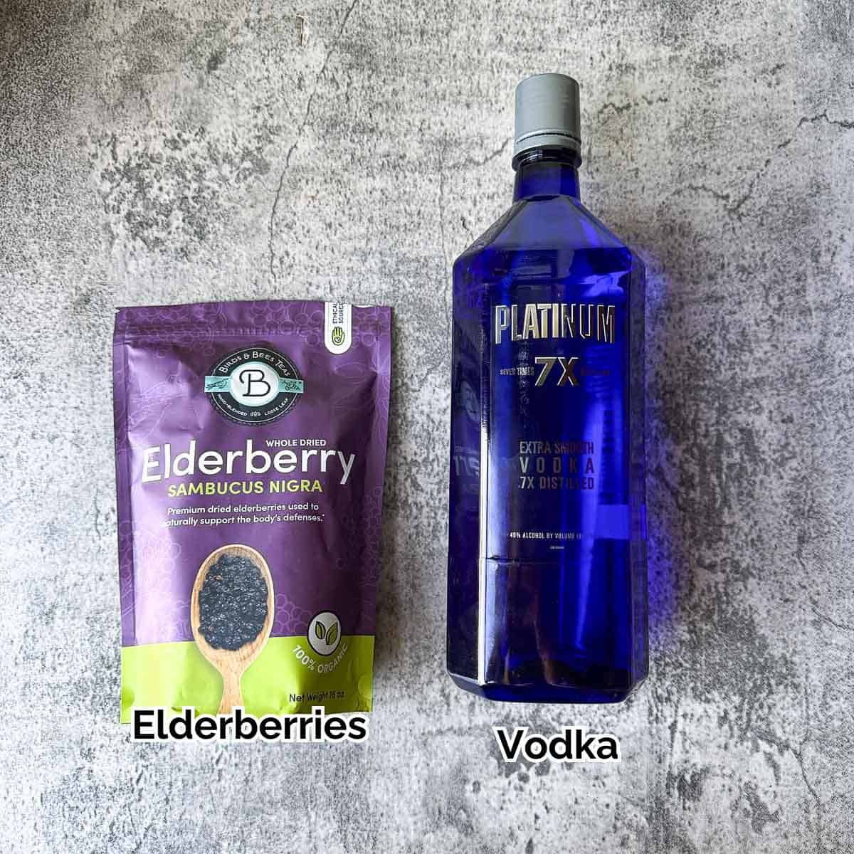 elderberries in a bag and a vodka bottle. 