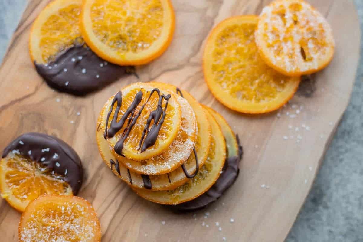 candied orange slices dipped in chocolate. 