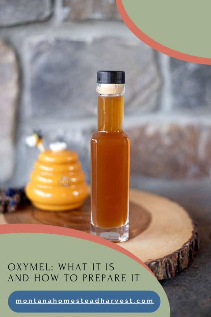 oxmel bottle with honey in the background.