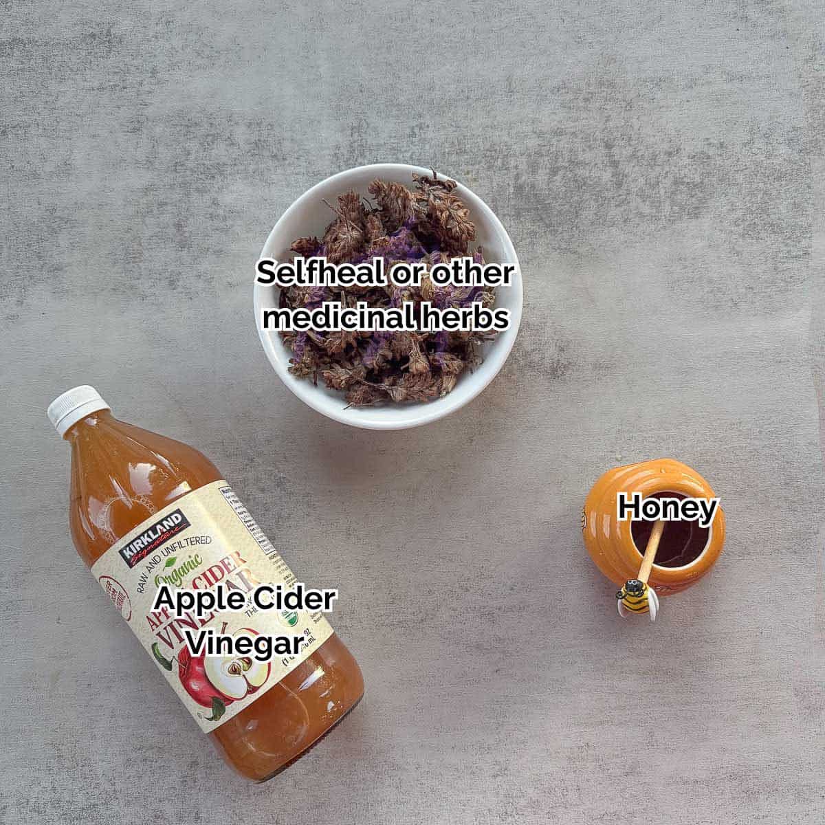 oxymel recipe ingredients including selfheal, honey, and vinegar. 