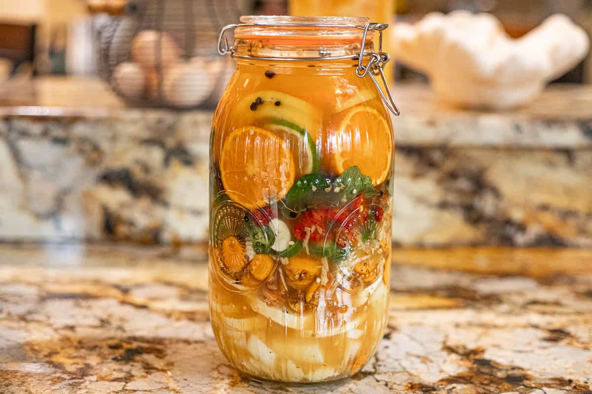fire cider ingredients including citrus, roots, chiles etc in a jar.