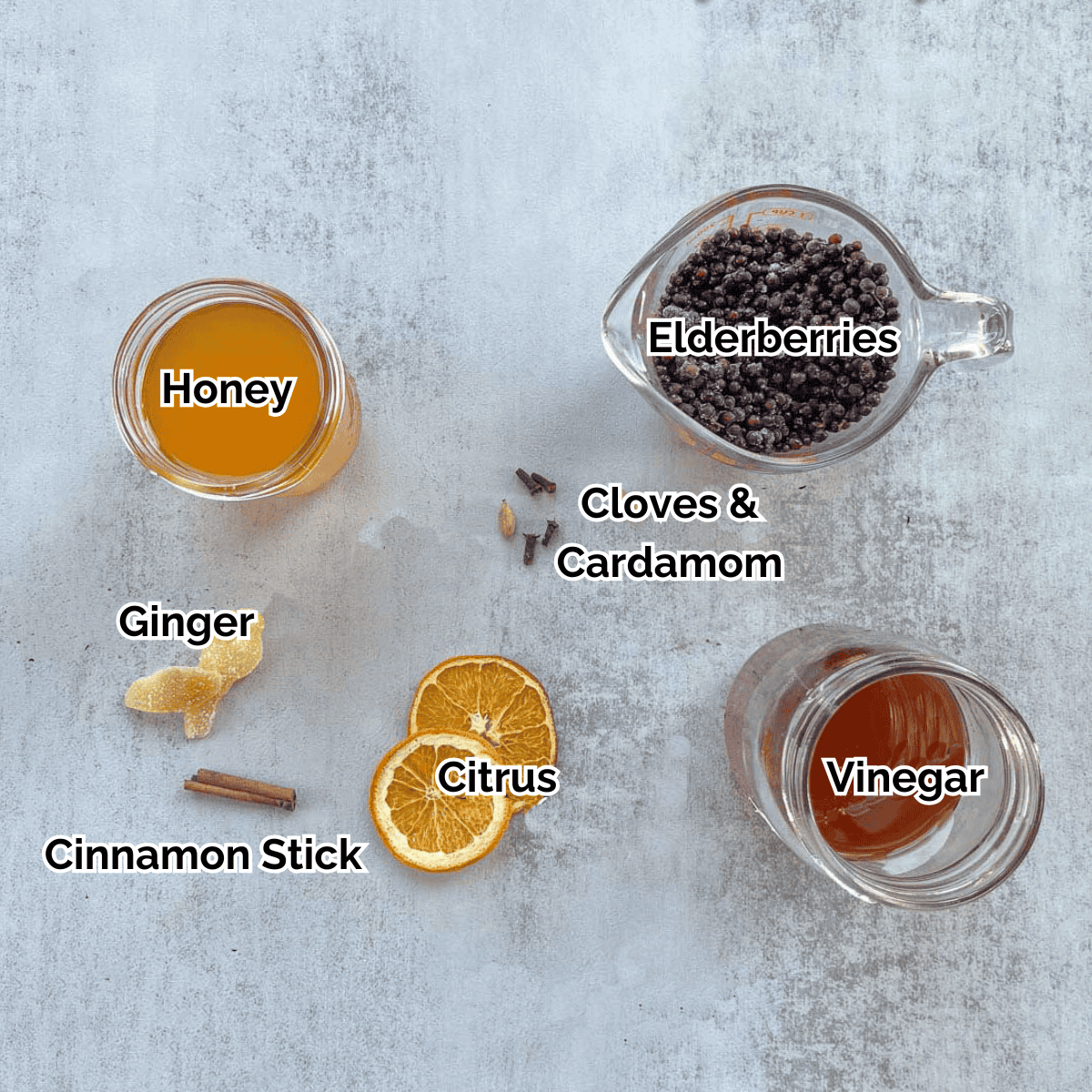 elderberry shrub ingredients including elderberries, honey, vinegar etc.