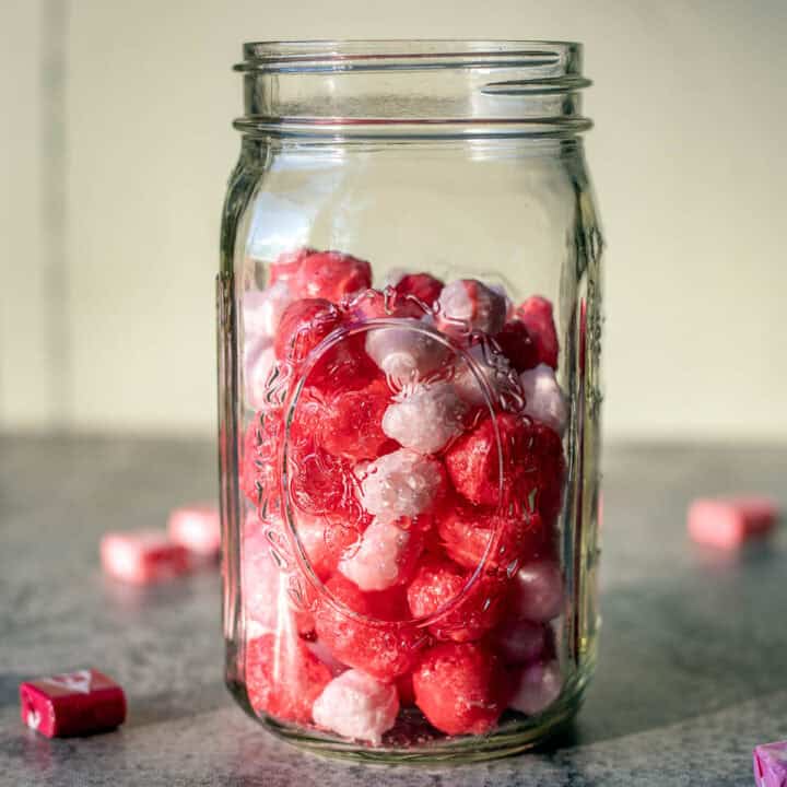 freeze dried skittles in a jar
