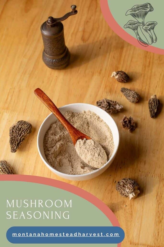 mushroom seasoning in a bowl with a wooden spoon and morels scattered around it.