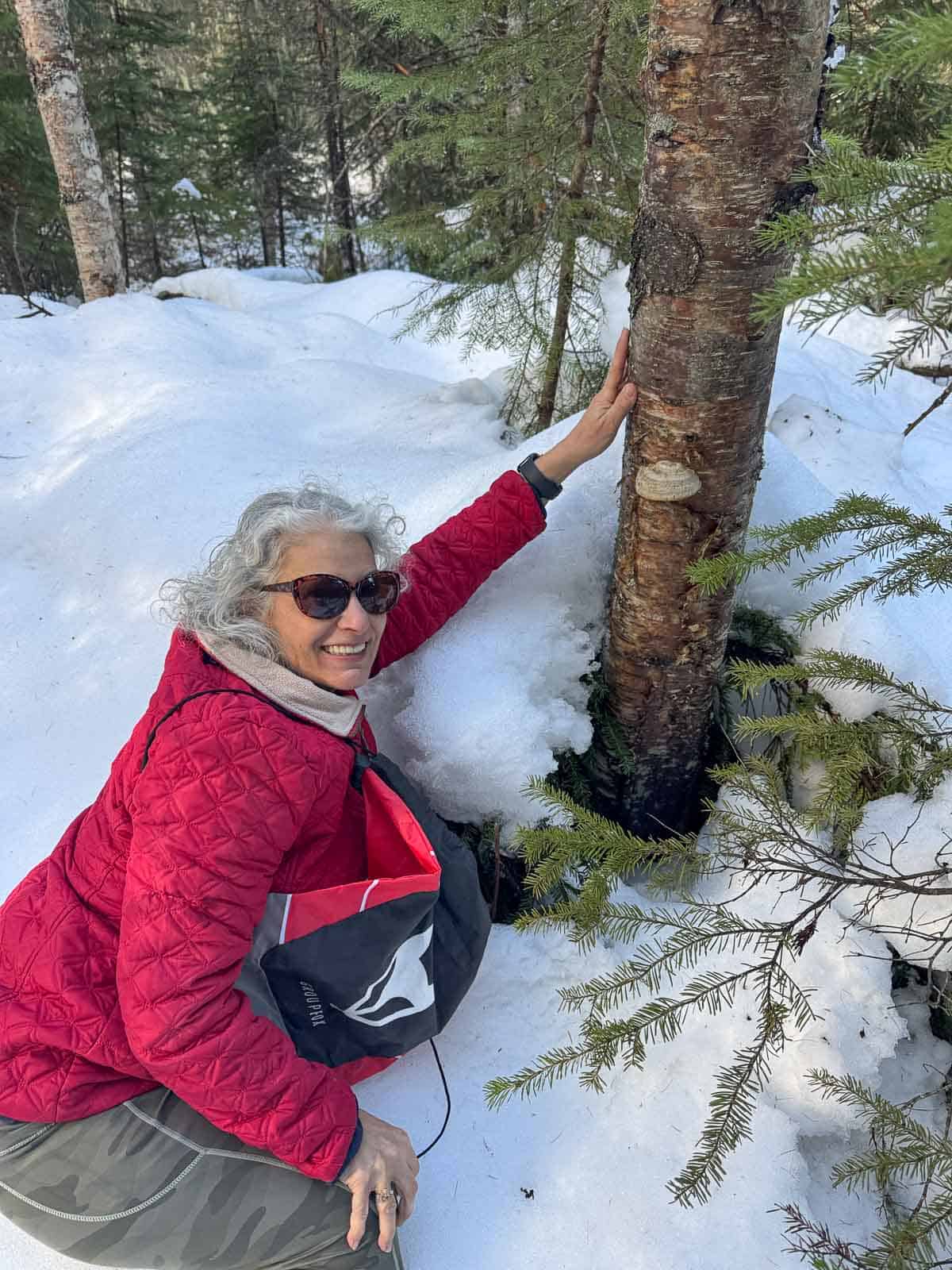 lady in red jacket next to a polypore growing on a birch tree.