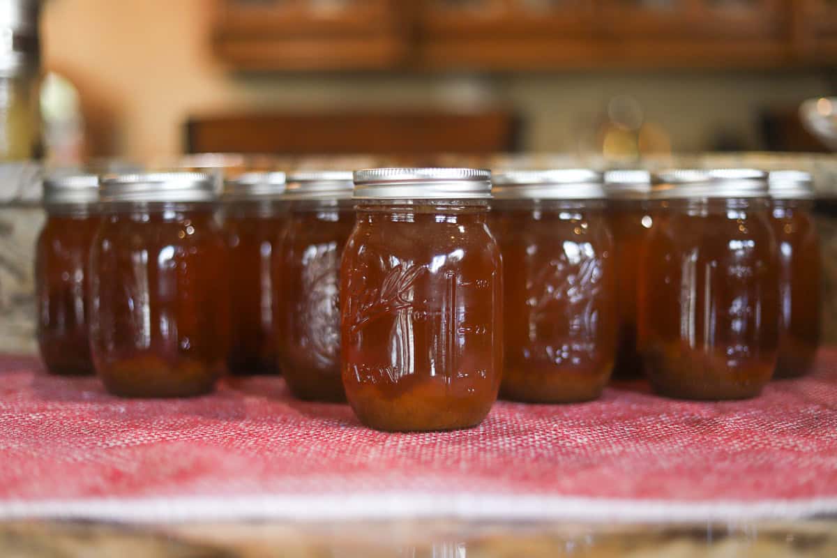 pressure canned bone broth jars on the counter on a red towel