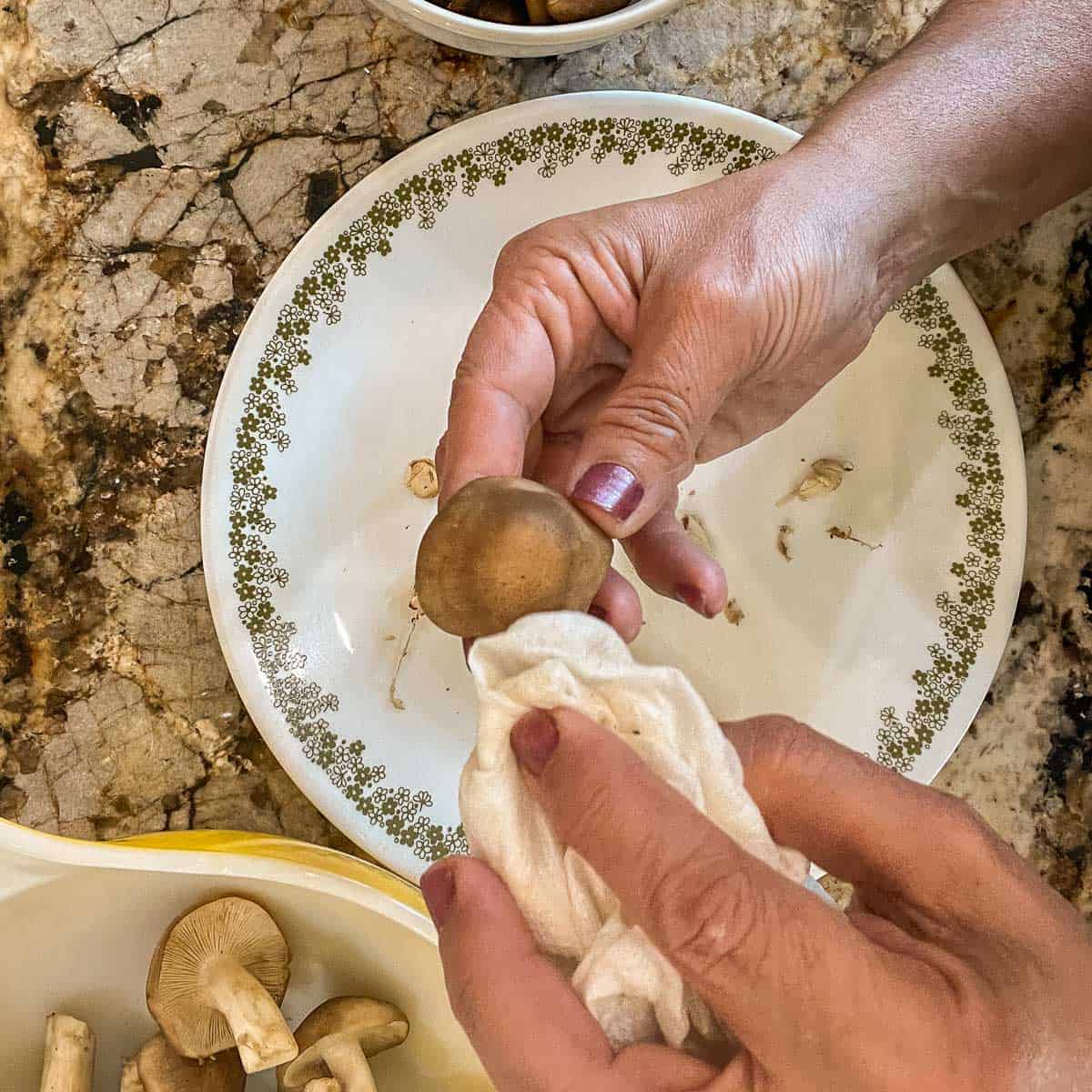 cleaning fried chicken mushrooms with damp paper towel
