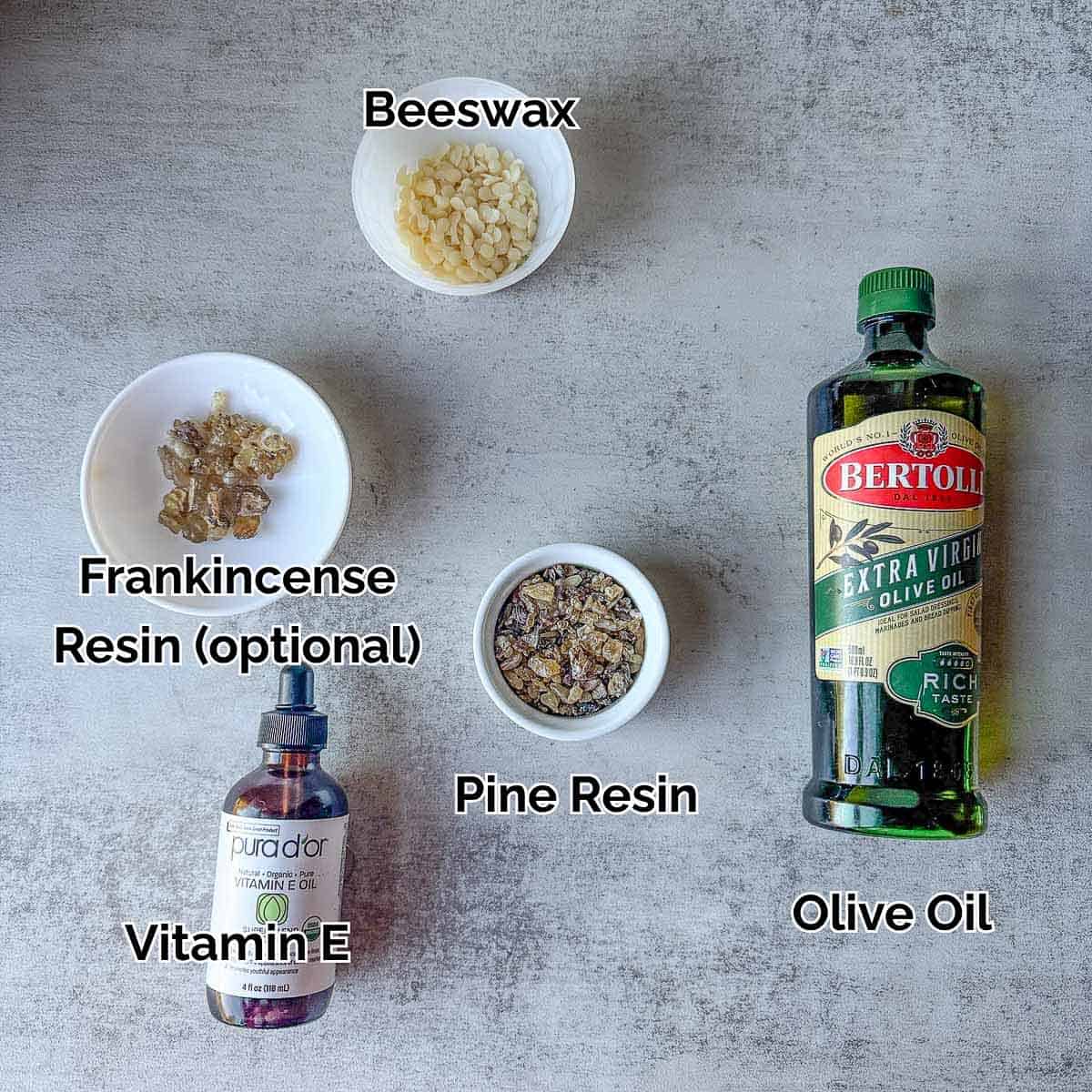 pine resin salve ingredients including resin, olive oil, wax, and vitamin e