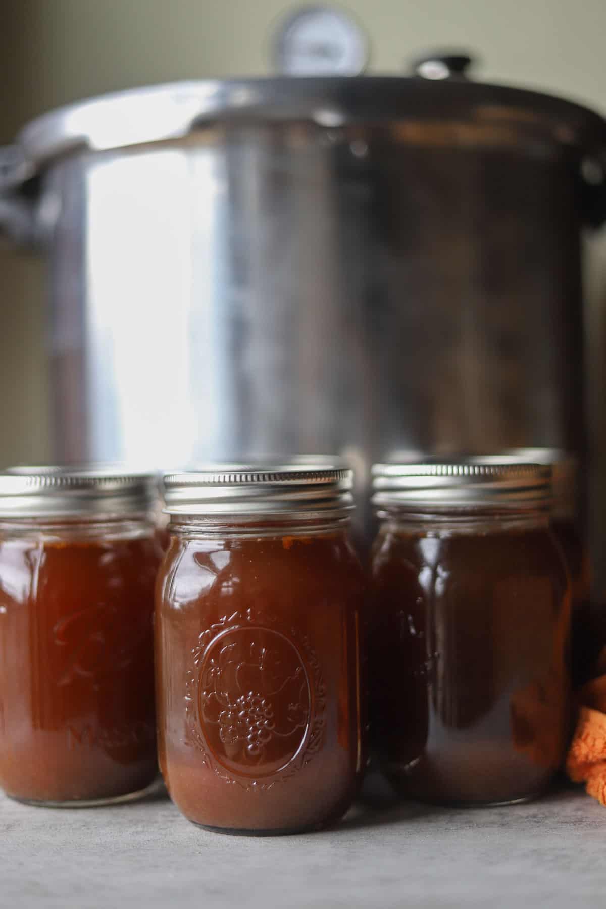 canning bone broth (filled jars with canner behind them)
