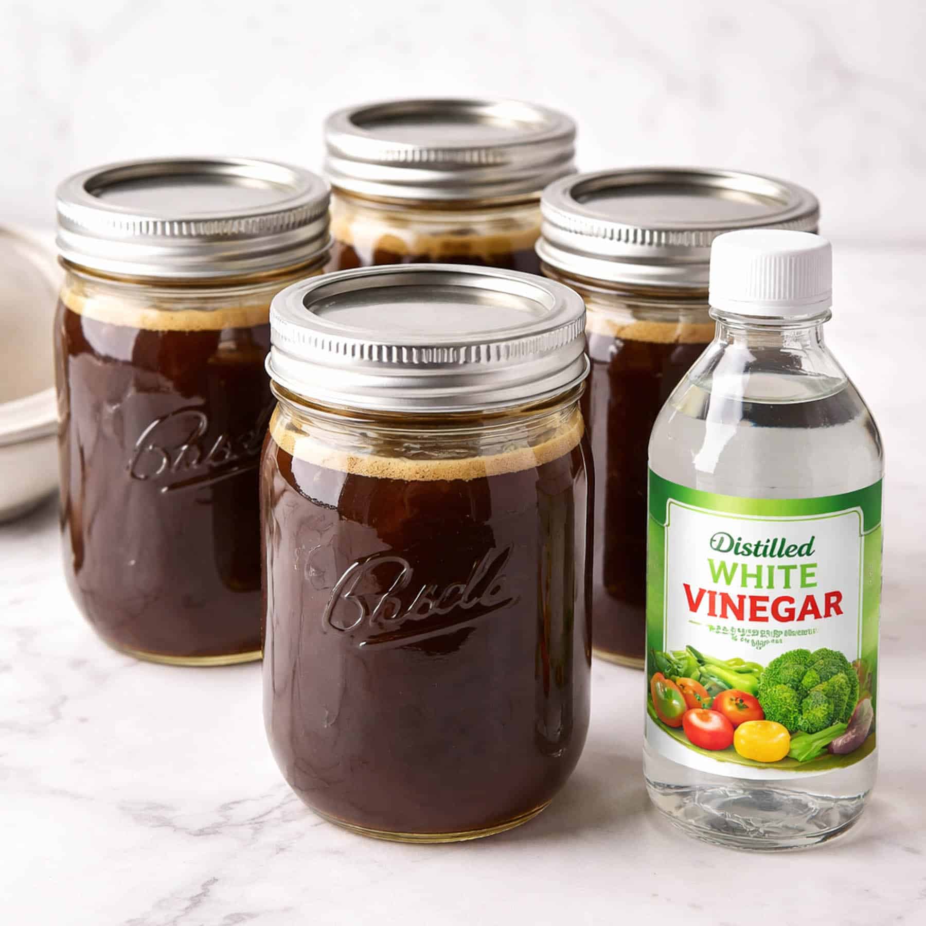 bone broth in jars and a bottle of vinegar