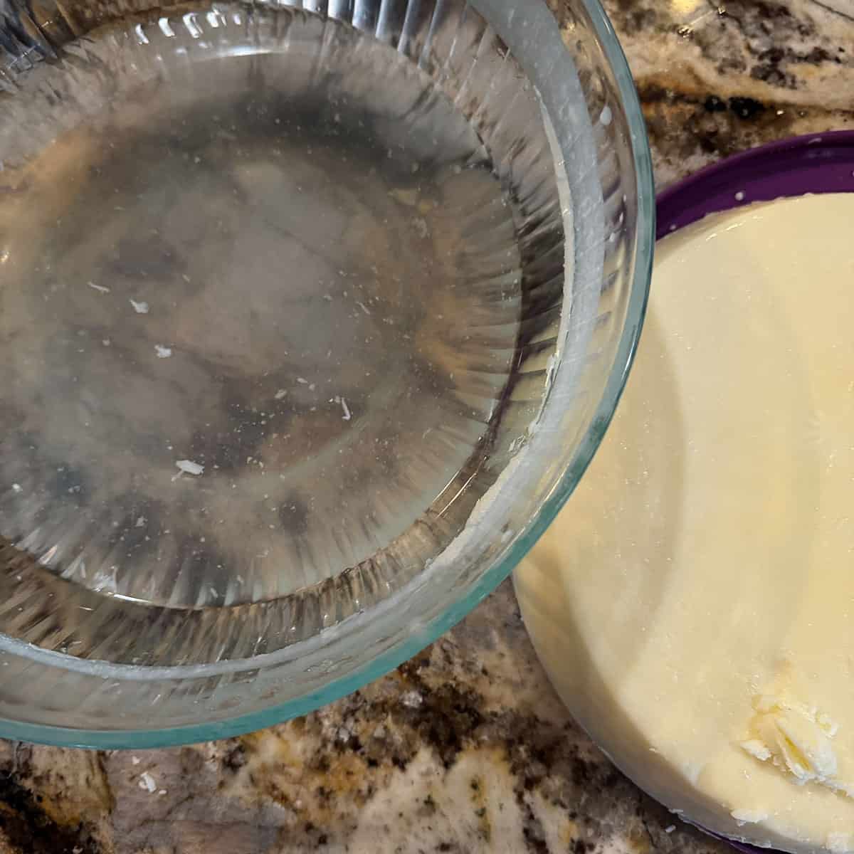 a bowl of water with a puck of fat next to it