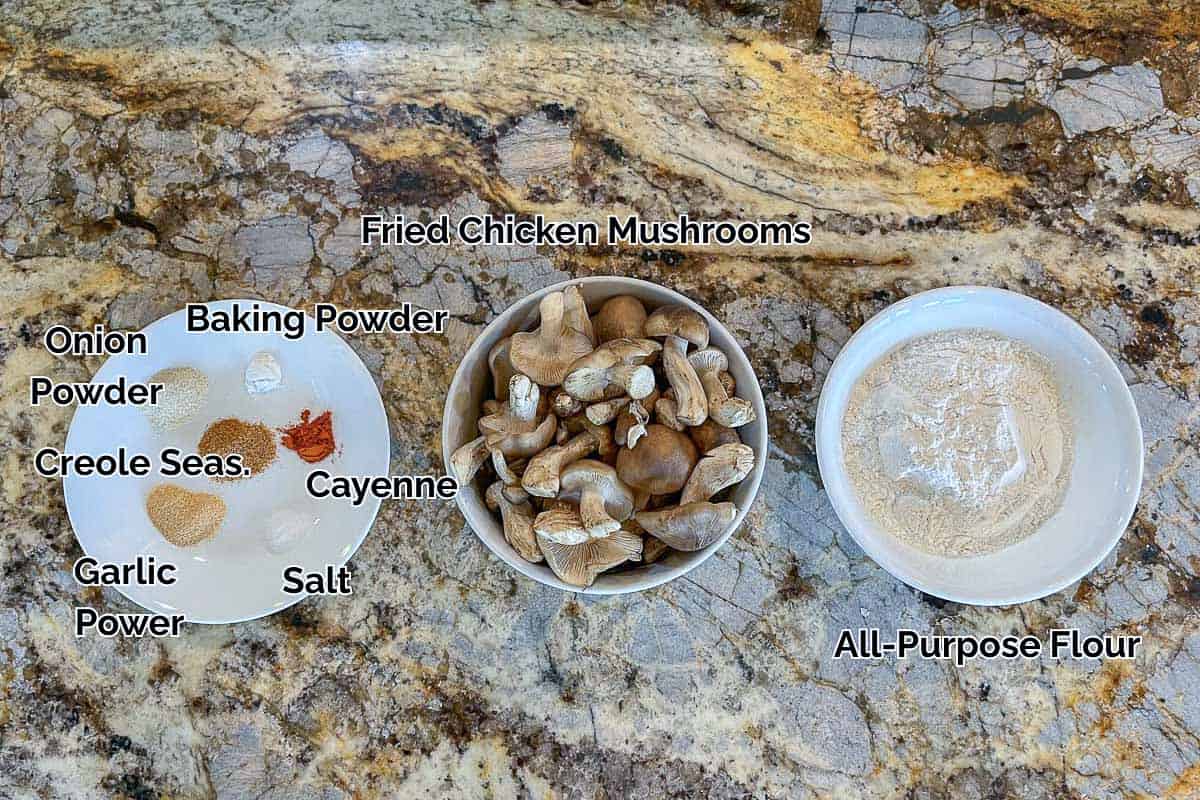 vegan fried chicken ingredients inclluding fried chicken mushrooms, seasoning, and flour