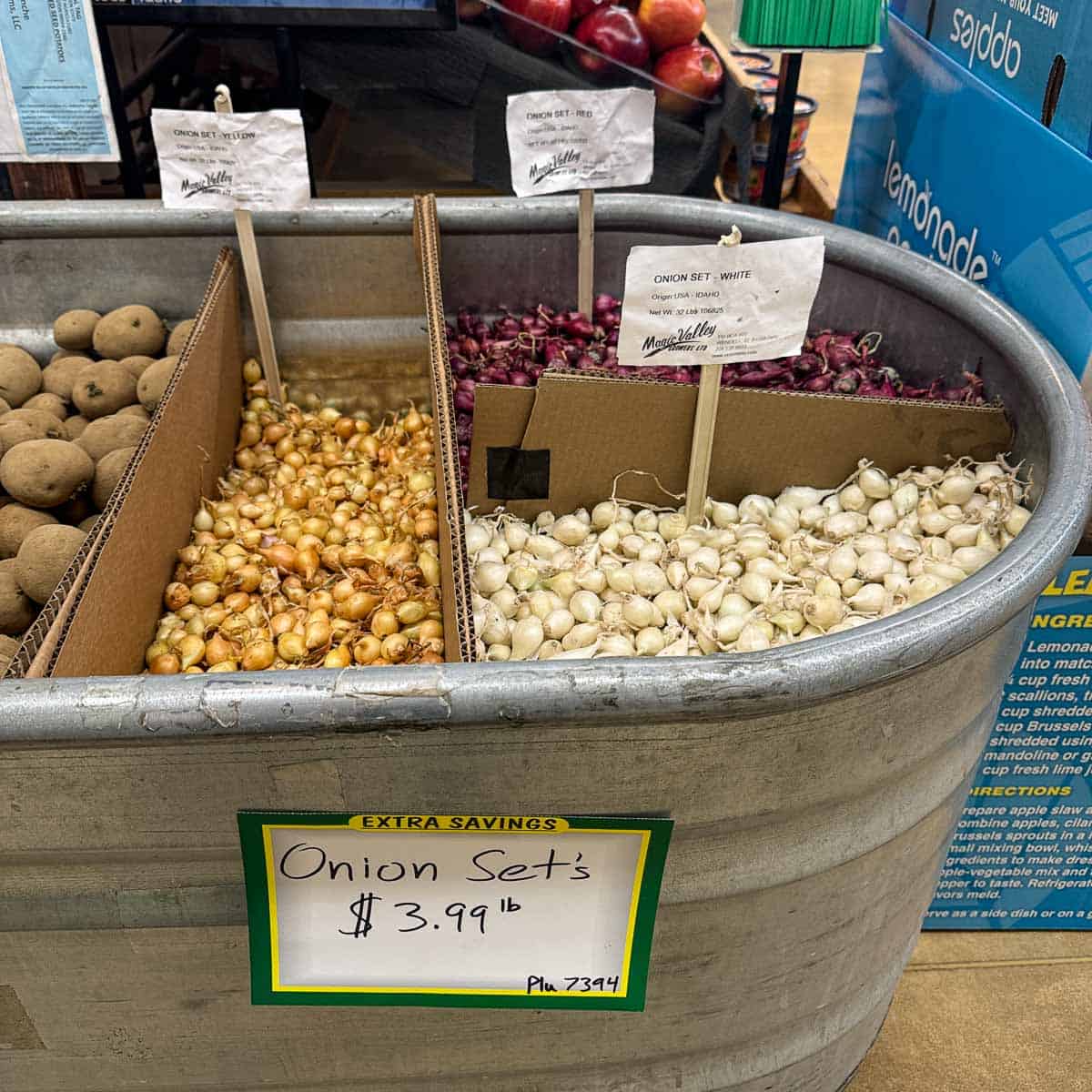 onion sets in a display at a grocery store