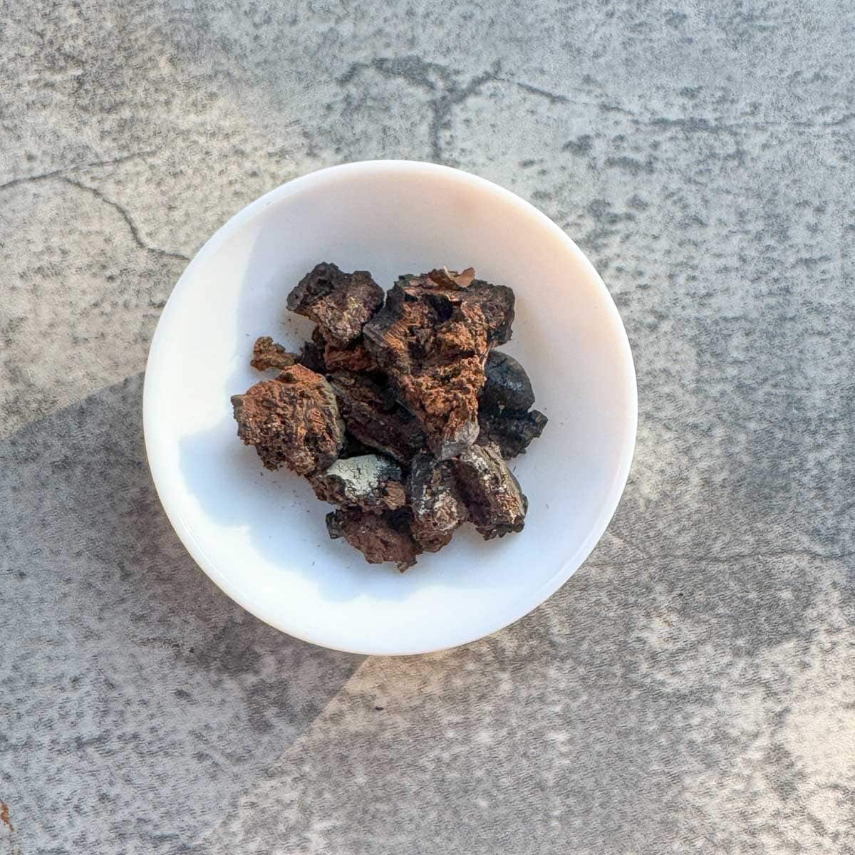 a small white bowl with chunks of chaga