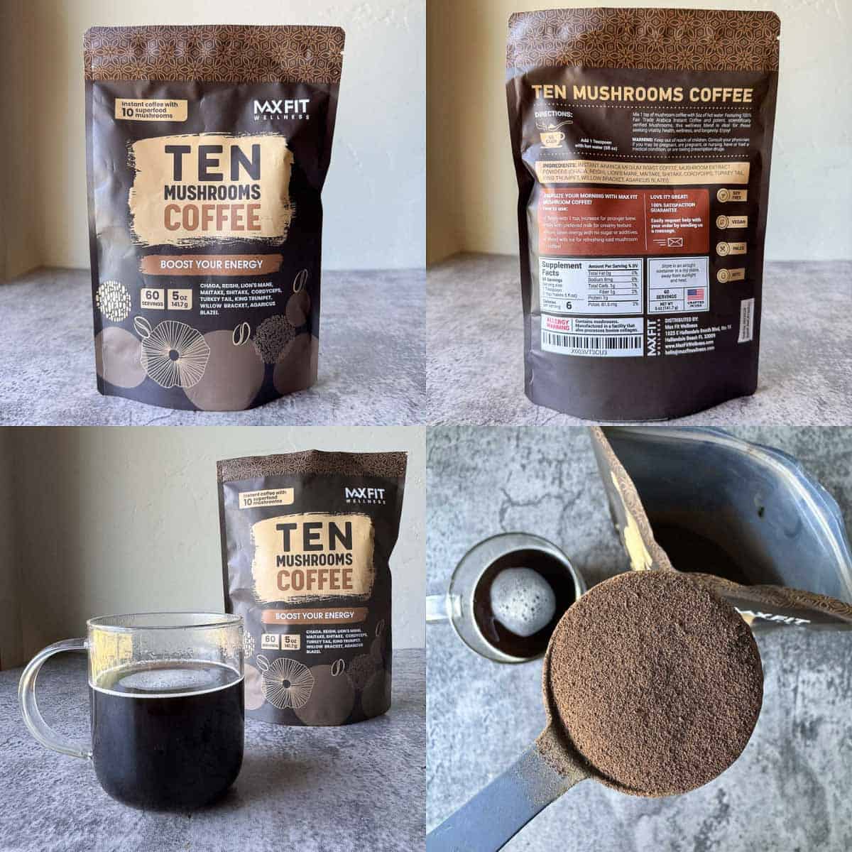 ten mushroom coffee collage showing packaging, product in spoon, and mixed in a cup.