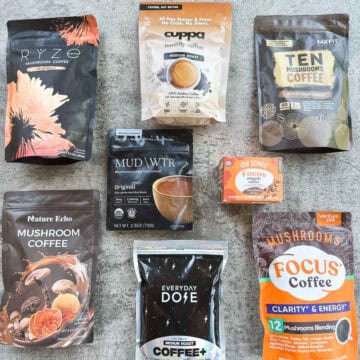 8 mushroom coffees with gray background