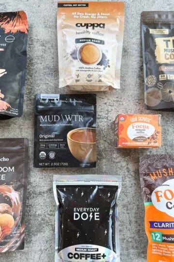 8 mushroom coffees with gray background