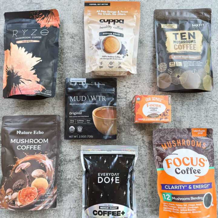 8 mushroom coffees with gray background