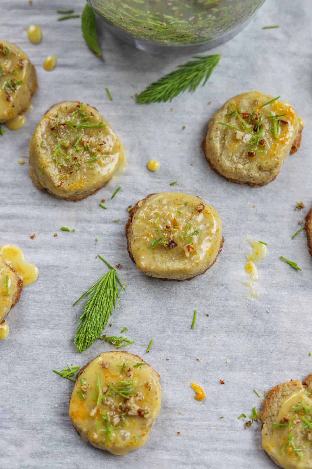 spruce tip shortbread cookies with chopped tips and nuts