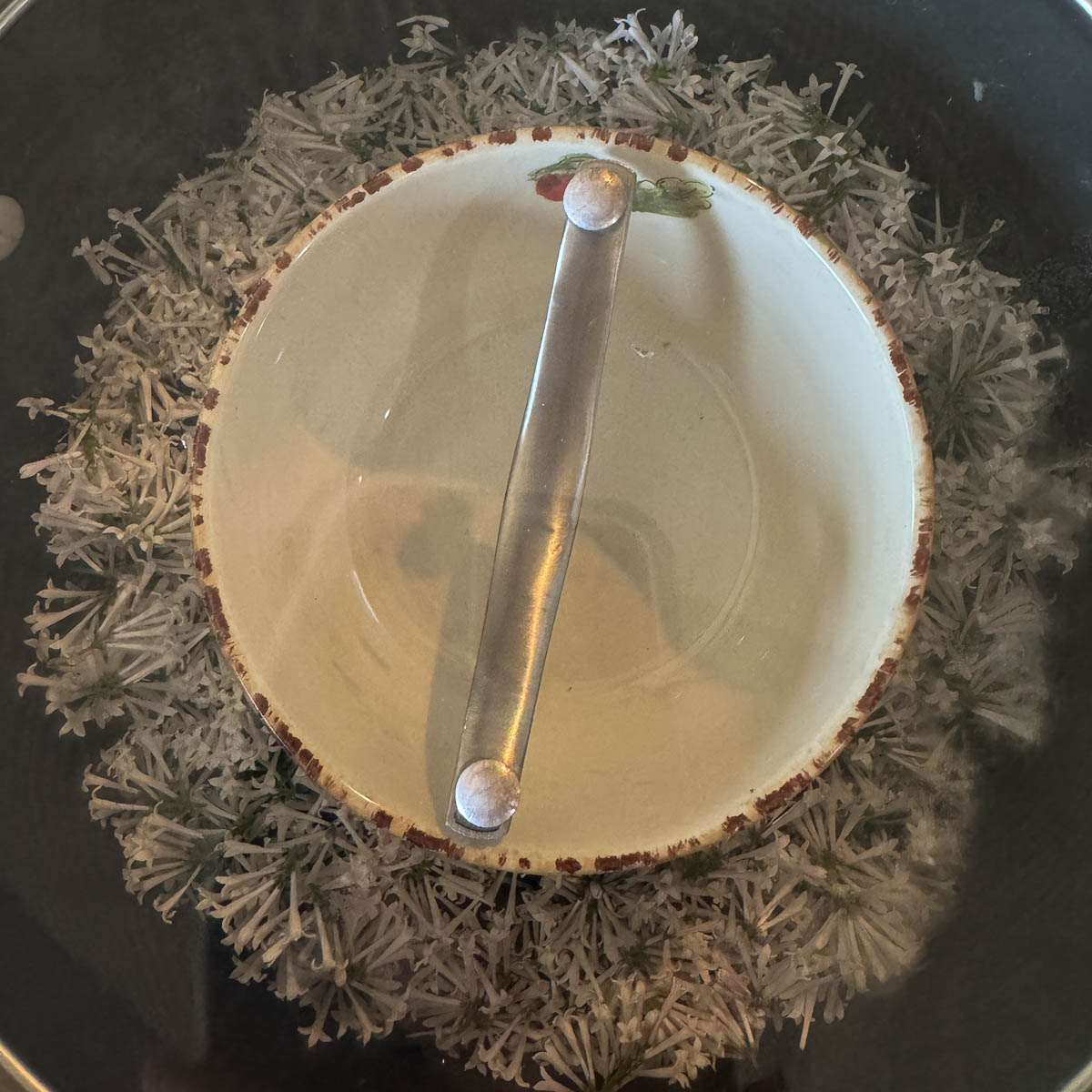 lilac hydrosol being prepared with fresh lilacs