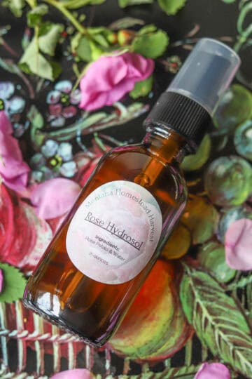 rose hydrosol in a spray bottle with roses scattered around it
