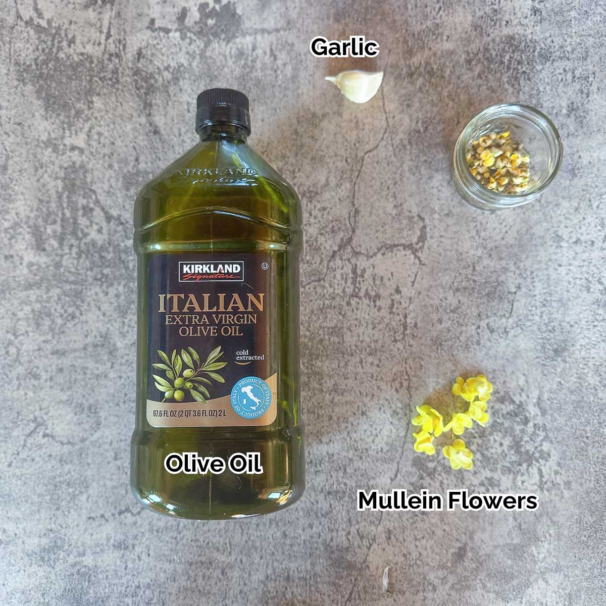 mullein flower ingredients including mullein flowers, garlic, and olive oil