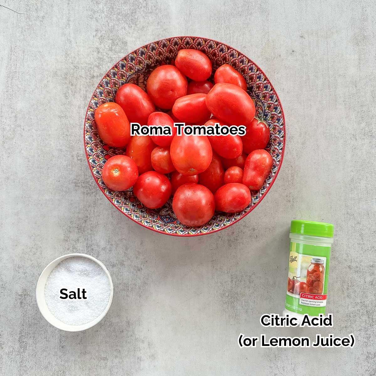 pressure canned tomatoes ingredients including tomatoes, salt, and citric acid