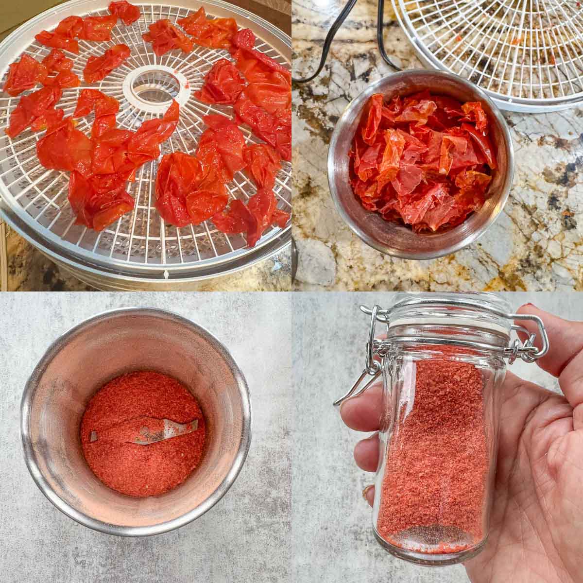 collage showing how to dehydrate tomato skins and grind to make tomato powder.
