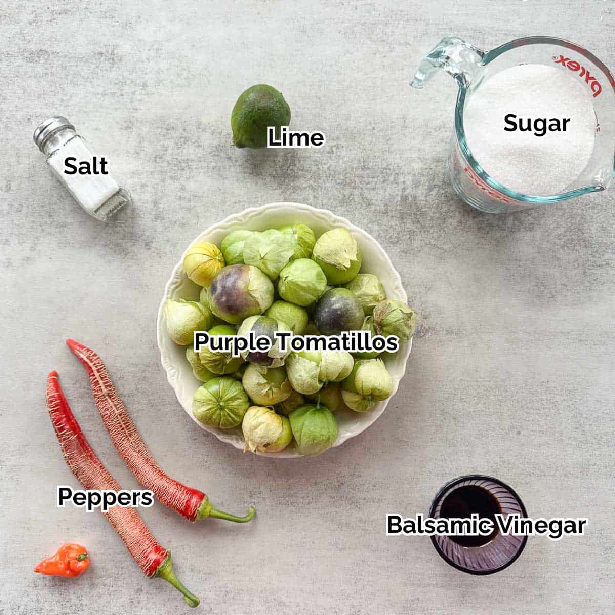 purple tomatillo jam ingredients including tomatillos, peppers, sugar, etc.