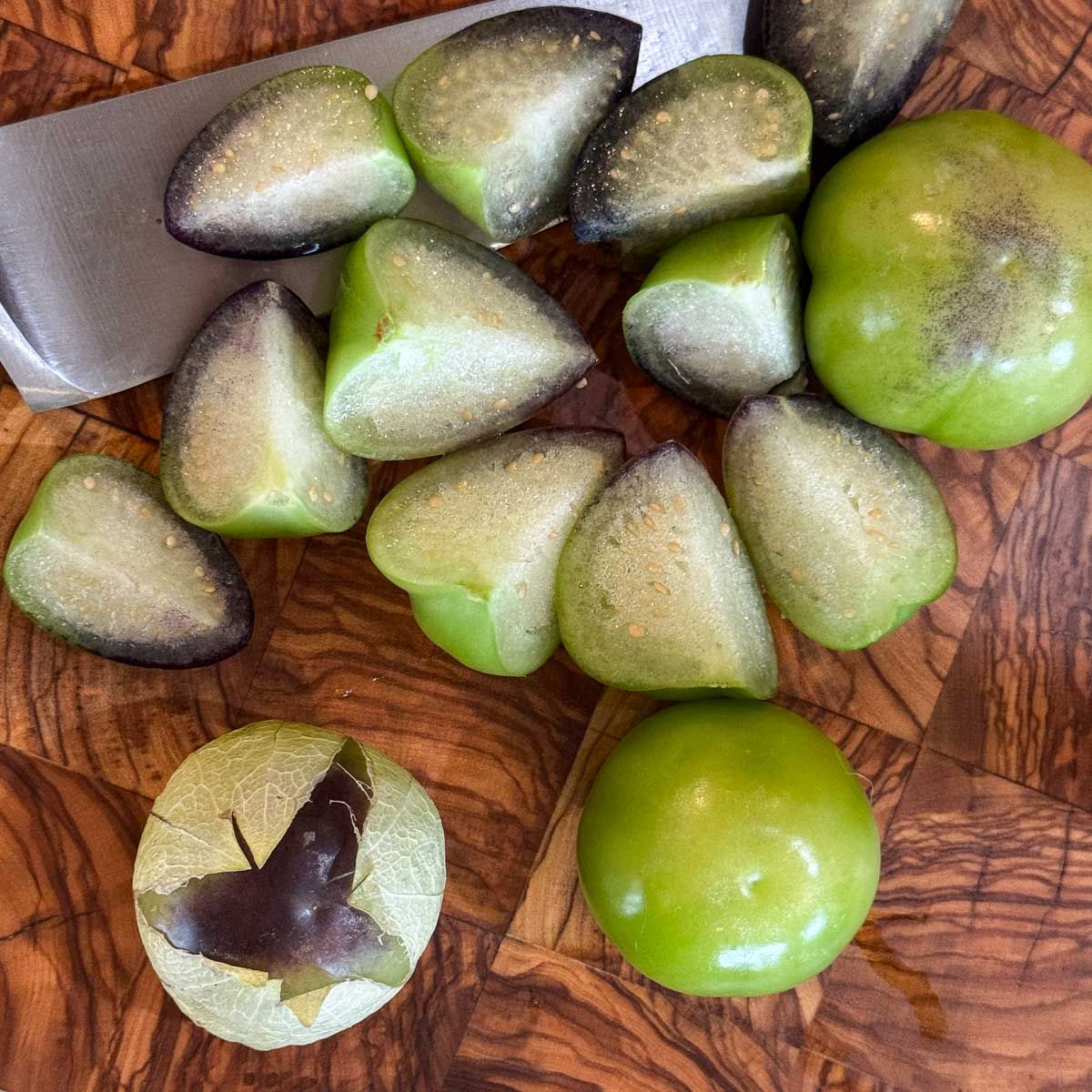 chopped tomatilos on a cutting board