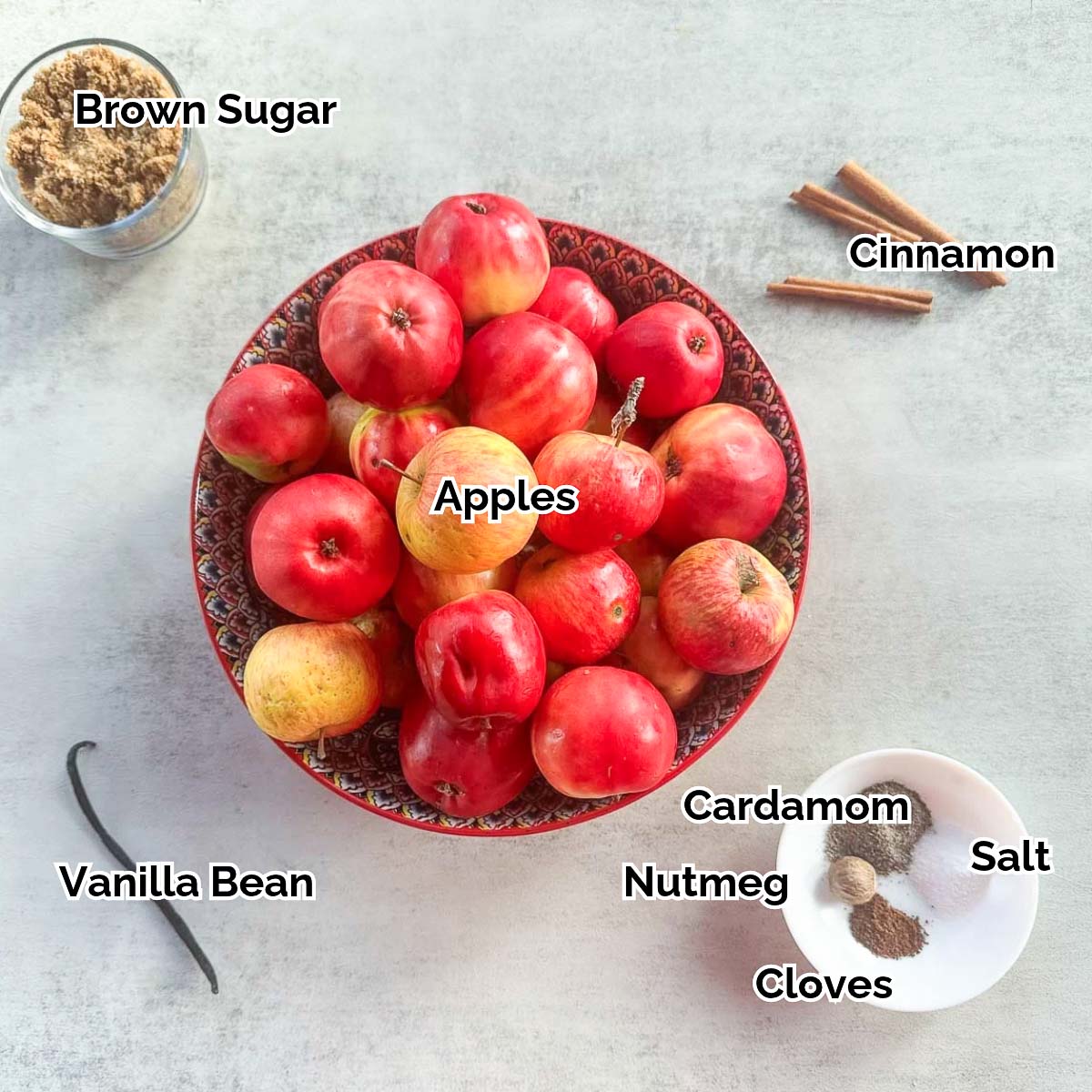 apple butter ingredients including apples, sugar, and spices