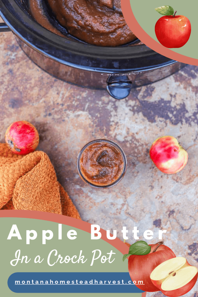 apple butter in a jar with more in a crockpot and apples scattered around