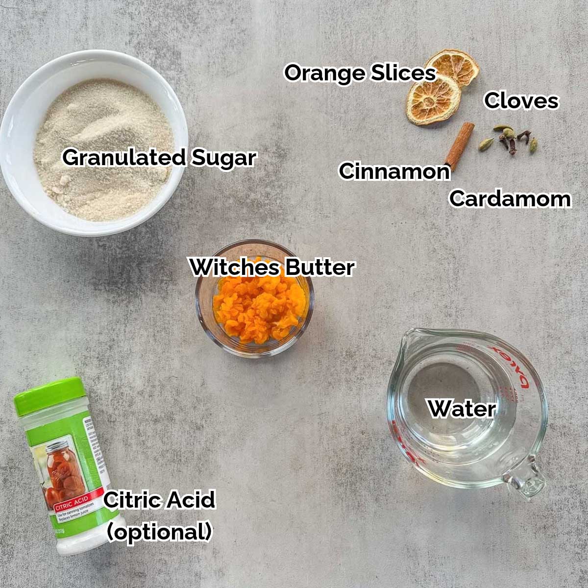 candied witches butter ingredients including witches butter, sugar, spices, and water